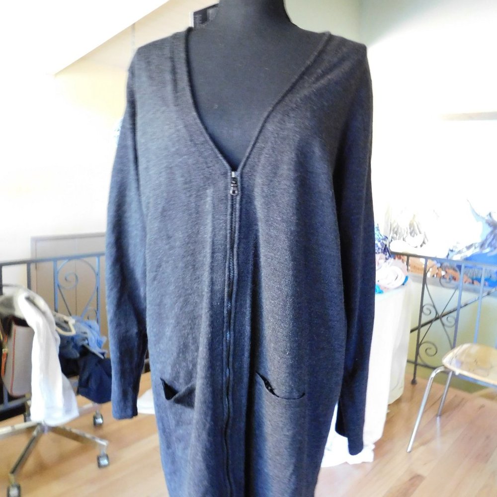 Eileen Fisher NWT Charcoal Grey Zip Up Merino Jersey Cardigan XL